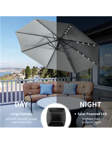Outsunny 3(m) LED Cantilever Parasol Garden Sun Umbrella w/ Cross Base and Solar Lights Grey