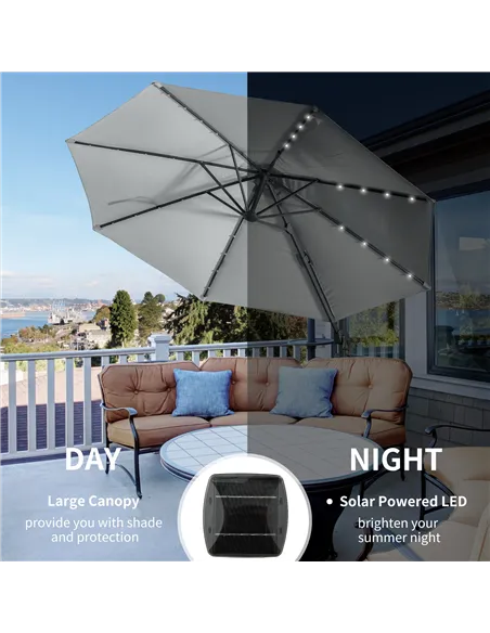 Outsunny 3(m) LED Cantilever Parasol Garden Sun Umbrella w/ Cross Base and Solar Lights Grey