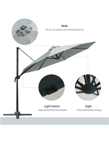 Outsunny 3(m) LED Cantilever Parasol Garden Sun Umbrella w/ Cross Base and Solar Lights Grey