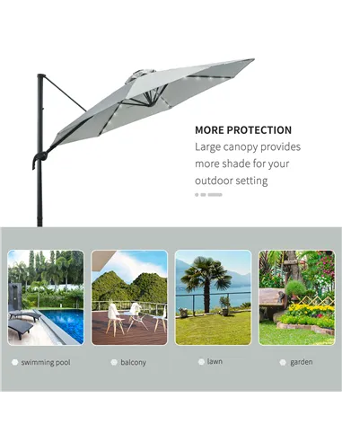 Outsunny 3(m) LED Cantilever Parasol Garden Sun Umbrella w/ Cross Base and Solar Lights Grey