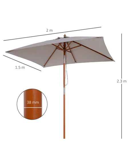 Outsunny 2m Tilting Wooden Pole Parasol - Grey
