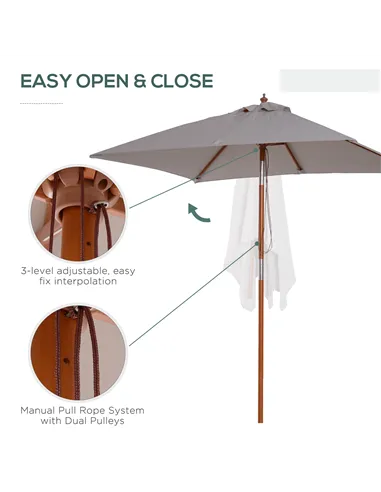 Outsunny 2m Tilting Wooden Pole Parasol - Grey