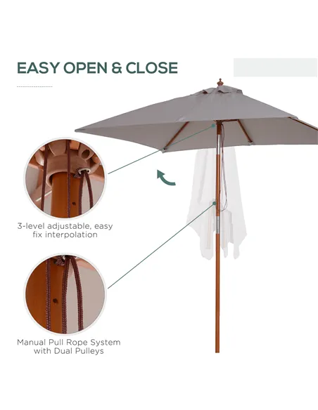 Outsunny 2m Tilting Wooden Pole Parasol - Grey