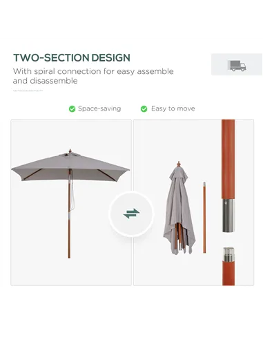 Outsunny 2m Tilting Wooden Pole Parasol - Grey