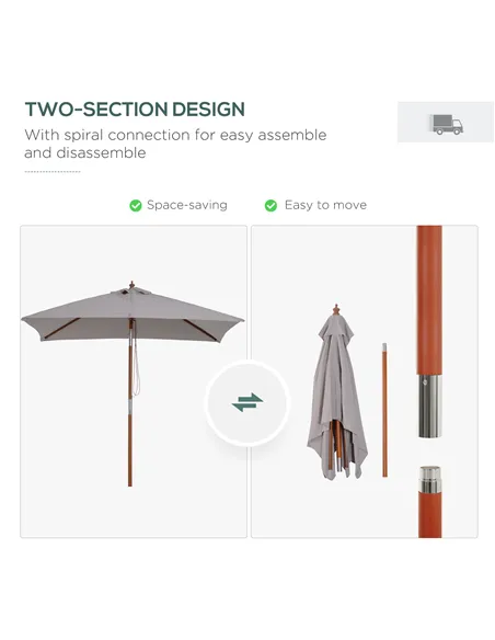 Outsunny 2m Tilting Wooden Pole Parasol - Grey