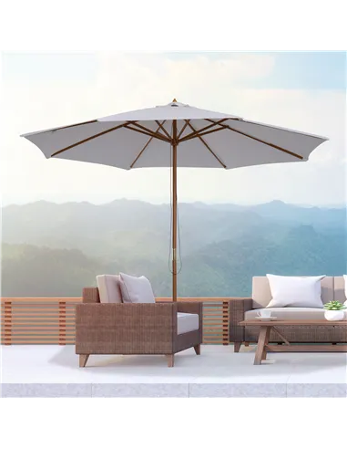 Outsunny 3(m) Garden Parasol, Pulley Operated Patio Umbrella, Wooden Table Market Umbrella with Rope Pulley Mechanism and 8 Ribs