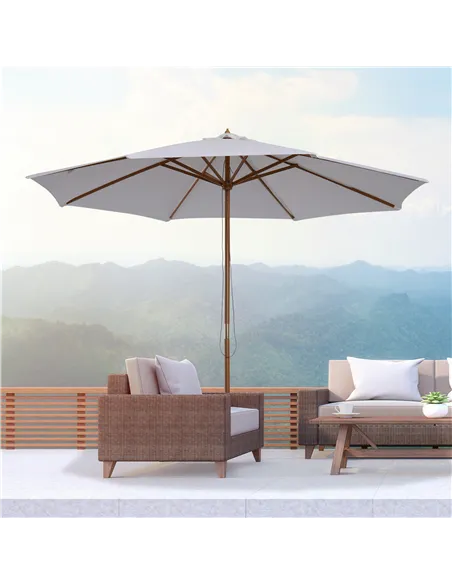 Outsunny 3(m) Garden Parasol, Pulley Operated Patio Umbrella, Wooden Table Market Umbrella with Rope Pulley Mechanism and 8 Ribs