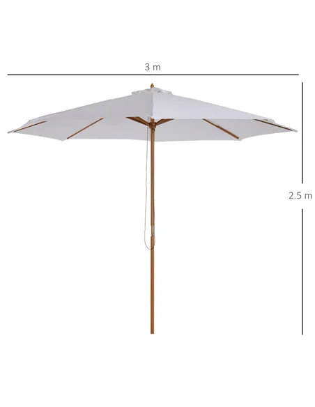 Outsunny 3(m) Garden Parasol, Pulley Operated Patio Umbrella, Wooden Table Market Umbrella with Rope Pulley Mechanism and 8 Ribs
