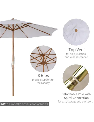 Outsunny 3(m) Garden Parasol, Pulley Operated Patio Umbrella, Wooden Table Market Umbrella with Rope Pulley Mechanism and 8 Ribs
