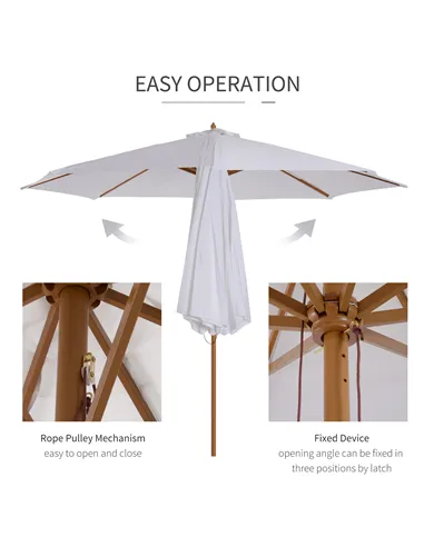 Outsunny 3(m) Garden Parasol, Pulley Operated Patio Umbrella, Wooden Table Market Umbrella with Rope Pulley Mechanism and 8 Ribs