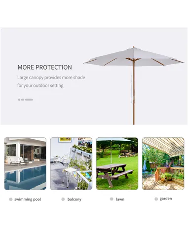 Outsunny 3(m) Garden Parasol, Pulley Operated Patio Umbrella, Wooden Table Market Umbrella with Rope Pulley Mechanism and 8 Ribs
