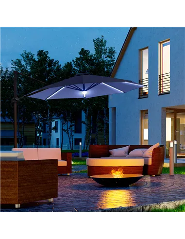 Outsunny 3(m) LED Cantilever Parasol Outdoor Sun Umbrella w/ Base Solar Lights Blue