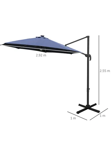 Outsunny 3(m) LED Cantilever Parasol Outdoor Sun Umbrella w/ Base Solar Lights Blue