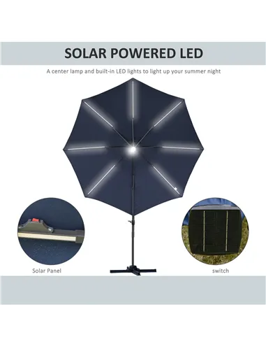 Outsunny 3(m) LED Cantilever Parasol Outdoor Sun Umbrella w/ Base Solar Lights Blue