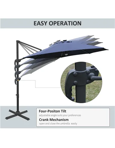 Outsunny 3(m) LED Cantilever Parasol Outdoor Sun Umbrella w/ Base Solar Lights Blue