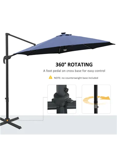 Outsunny 3(m) LED Cantilever Parasol Outdoor Sun Umbrella w/ Base Solar Lights Blue