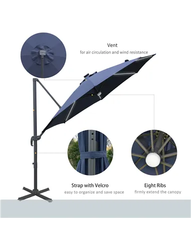 Outsunny 3(m) LED Cantilever Parasol Outdoor Sun Umbrella w/ Base Solar Lights Blue