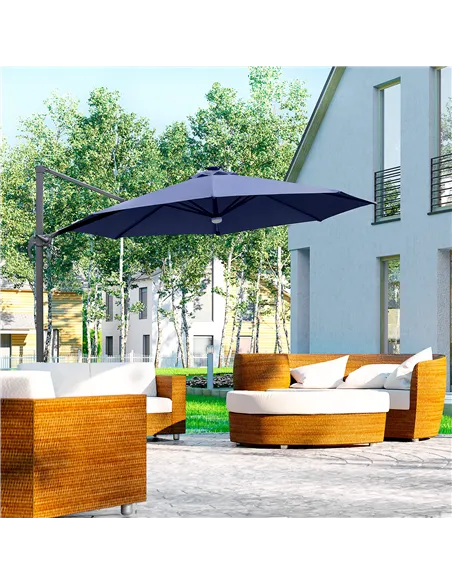 Outsunny 3(m) LED Cantilever Parasol Outdoor Sun Umbrella w/ Base Solar Lights Blue