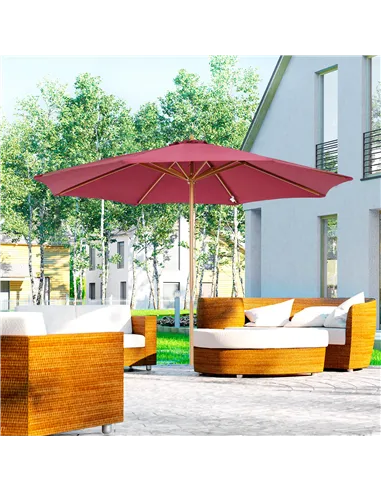 Outsunny 3(m) Garden Parasol, Pulley Operated Patio Umbrella, Wooden Table Market Umbrella with Rope Pulley Mechanism and 8 Ribs