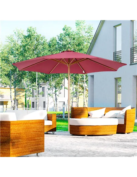 Outsunny 3(m) Garden Parasol, Pulley Operated Patio Umbrella, Wooden Table Market Umbrella with Rope Pulley Mechanism and 8 Ribs