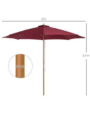 Outsunny 3(m) Garden Parasol, Pulley Operated Patio Umbrella, Wooden Table Market Umbrella with Rope Pulley Mechanism and 8 Ribs