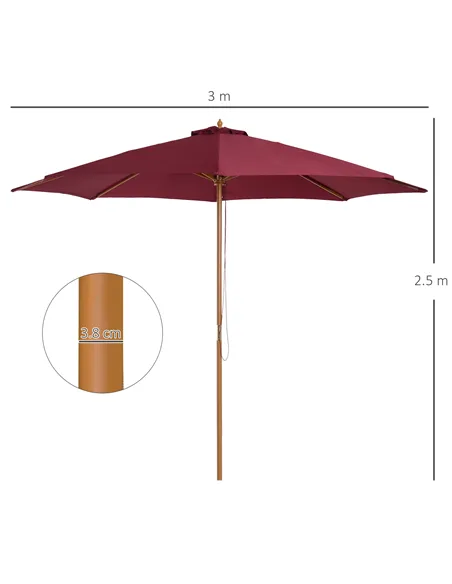 Outsunny 3(m) Garden Parasol, Pulley Operated Patio Umbrella, Wooden Table Market Umbrella with Rope Pulley Mechanism and 8 Ribs