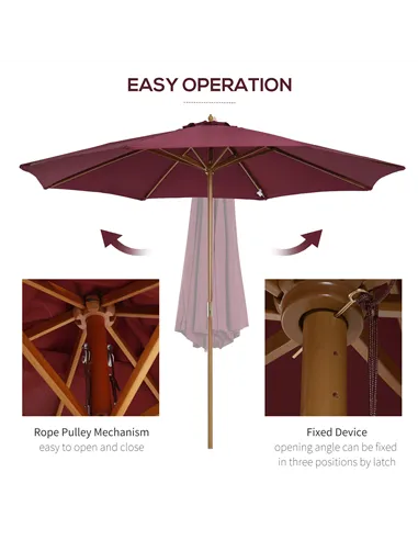 Outsunny 3(m) Garden Parasol, Pulley Operated Patio Umbrella, Wooden Table Market Umbrella with Rope Pulley Mechanism and 8 Ribs