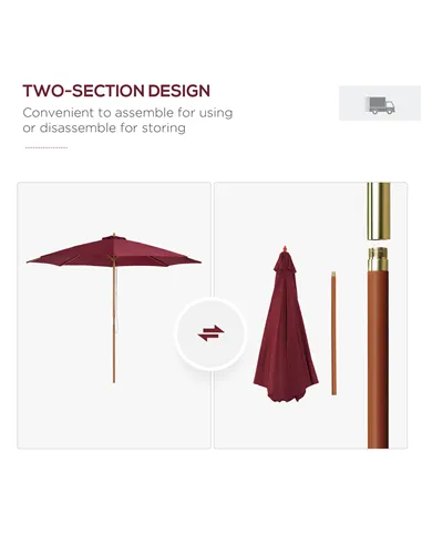 Outsunny 3(m) Garden Parasol, Pulley Operated Patio Umbrella, Wooden Table Market Umbrella with Rope Pulley Mechanism and 8 Ribs