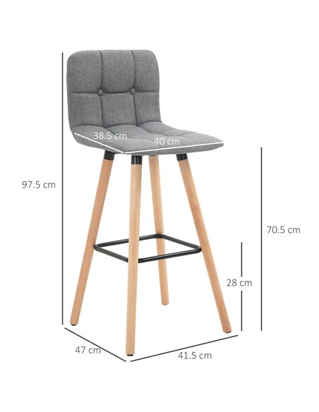 HOMCOM Breakfast Bar Stool Set of 2 Armless Button-Tufted Counter Height Bar Chairs with Wood Legs & Footrest, Grey