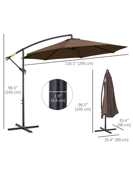 Outsunny 2.45m Overhanging Cantilever Parasol, Heavy Duty Waterproof Garden Umbrella with Cross Base, Brown