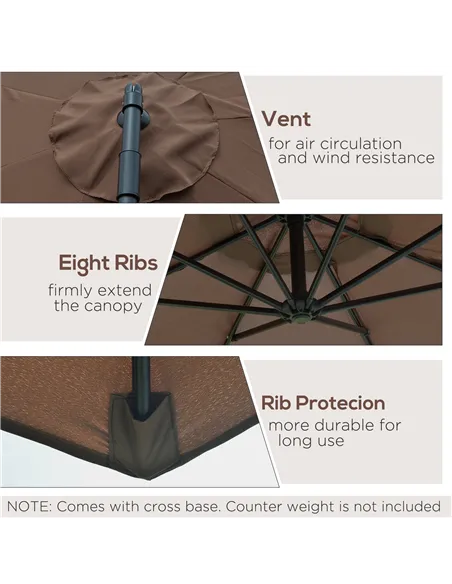 Outsunny 2.45m Overhanging Cantilever Parasol, Heavy Duty Waterproof Garden Umbrella with Cross Base, Brown