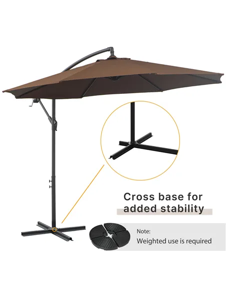 Outsunny 2.45m Overhanging Cantilever Parasol, Heavy Duty Waterproof Garden Umbrella with Cross Base, Brown