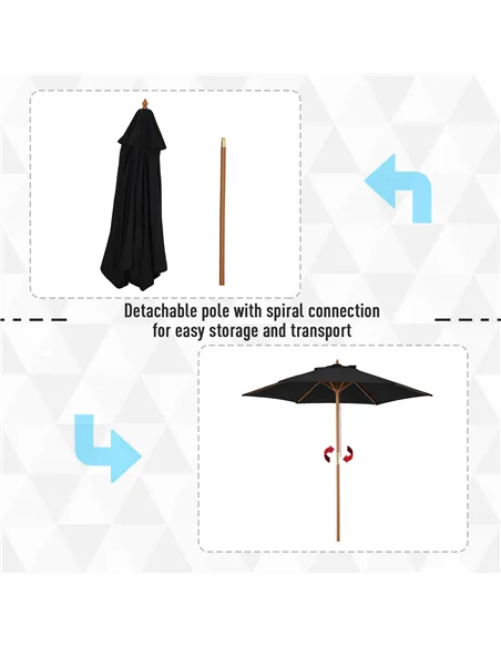 Outsunny Wooden Garden Umbrella Sun Shade with Top Vents, Bamboo Ribs and Sturdy Wood Pole, Black