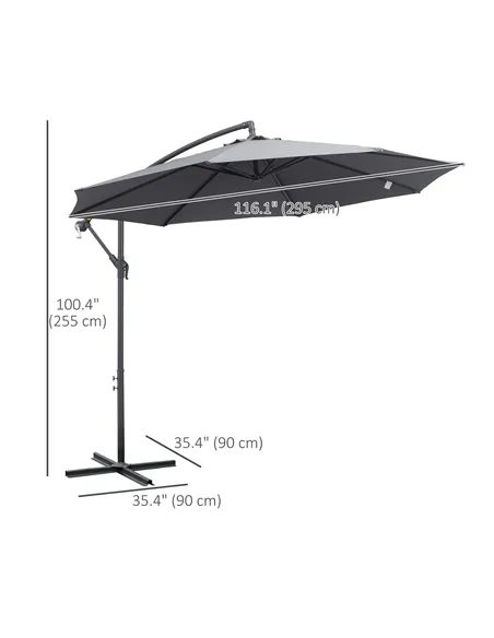 Outsunny 3(m) Garden Parasol Sun Shade Patio Banana Hanging Umbrella Cantilever with Crank Handle and Cross Base Grey