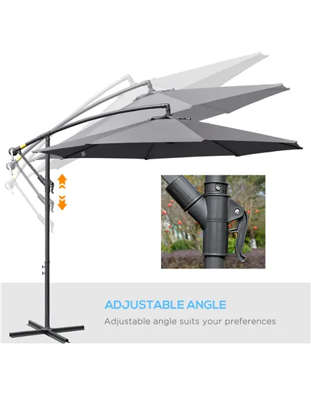 Outsunny 3(m) Garden Parasol Sun Shade Patio Banana Hanging Umbrella Cantilever with Crank Handle and Cross Base Grey