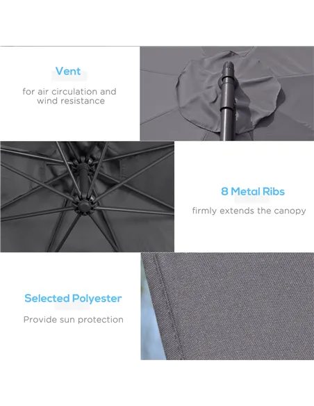 Outsunny 3(m) Garden Parasol Sun Shade Patio Banana Hanging Umbrella Cantilever with Crank Handle and Cross Base Grey