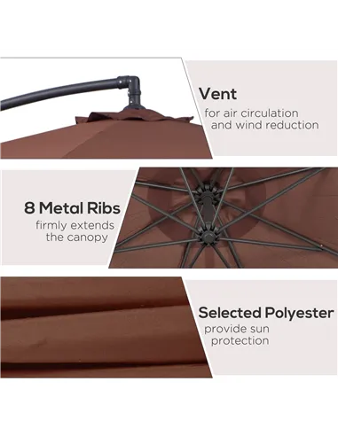 Outsunny Φ3m Hanging Umbrella Parasol-Coffee