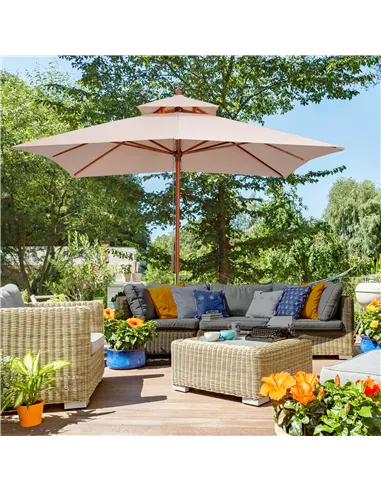 Outsunny 3 x 3 metre Patio Parasol Garden Umbrellas Sunshade Outdoor Wooden Parasol Canopy Double Tier, Beige, BASE NOT INCLUDED