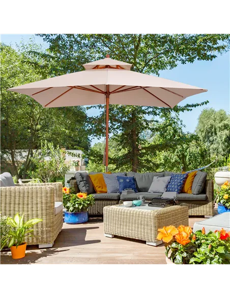 Outsunny 3 x 3 metre Patio Parasol Garden Umbrellas Sunshade Outdoor Wooden Parasol Canopy Double Tier, Beige, BASE NOT INCLUDED
