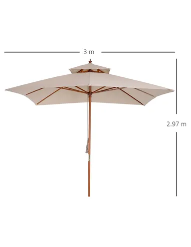 Outsunny 3 x 3 metre Patio Parasol Garden Umbrellas Sunshade Outdoor Wooden Parasol Canopy Double Tier, Beige, BASE NOT INCLUDED