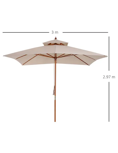 Outsunny 3 x 3 metre Patio Parasol Garden Umbrellas Sunshade Outdoor Wooden Parasol Canopy Double Tier, Beige, BASE NOT INCLUDED