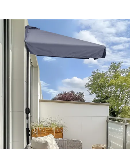 Outsunny 2.3m Half Parasol Semi Round Umbrella Patio Metal Frame Crank Handle for Balcony-- NO BASE INCLUDED, Grey