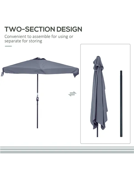 Outsunny 2.3m Half Parasol Semi Round Umbrella Patio Metal Frame Crank Handle for Balcony-- NO BASE INCLUDED, Grey