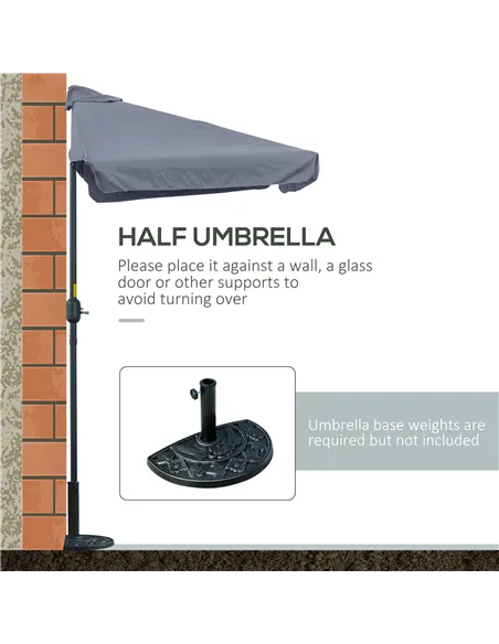 Outsunny 2.3m Half Parasol Semi Round Umbrella Patio Metal Frame Crank Handle for Balcony-- NO BASE INCLUDED, Grey