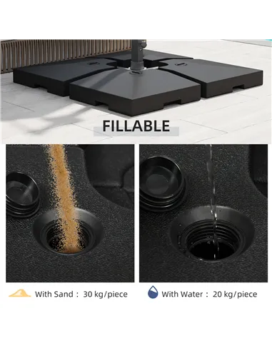 Outsunny 4 Pieces Fillable Parasol Base, Heavy Duty Umbrella Weights for Cross Stand, Square Holder for Cantilever Parasol, Tota