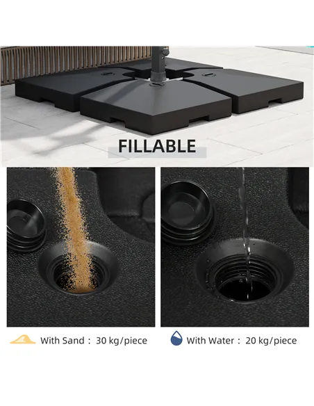 Outsunny 4 Pieces Fillable Parasol Base, Heavy Duty Umbrella Weights for Cross Stand, Square Holder for Cantilever Parasol, Tota