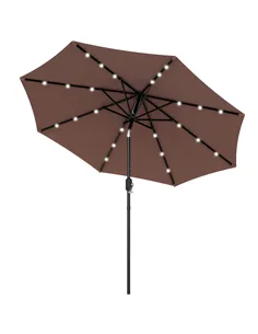 Outsunny Φ2.7m Garden 24 LED Light Parasol Solar Outdoor Tilt Sun Umbrella Patio Club Party Event Manual Sun Shade w/ Hand Crank