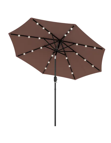 Outsunny Φ2.7m Garden 24 LED Light Parasol Solar Outdoor Tilt Sun Umbrella Patio Club Party Event Manual Sun Shade w/ Hand Crank