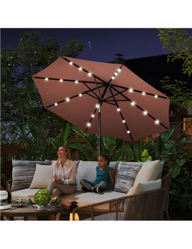 Outsunny Φ2.7m Garden 24 LED Light Parasol Solar Outdoor Tilt Sun Umbrella Patio Club Party Event Manual Sun Shade w/ Hand Crank