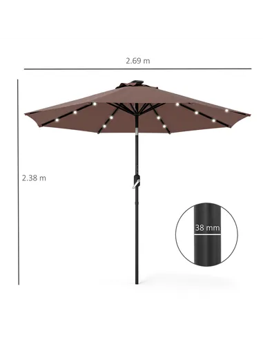 Outsunny Φ2.7m Garden 24 LED Light Parasol Solar Outdoor Tilt Sun Umbrella Patio Club Party Event Manual Sun Shade w/ Hand Crank